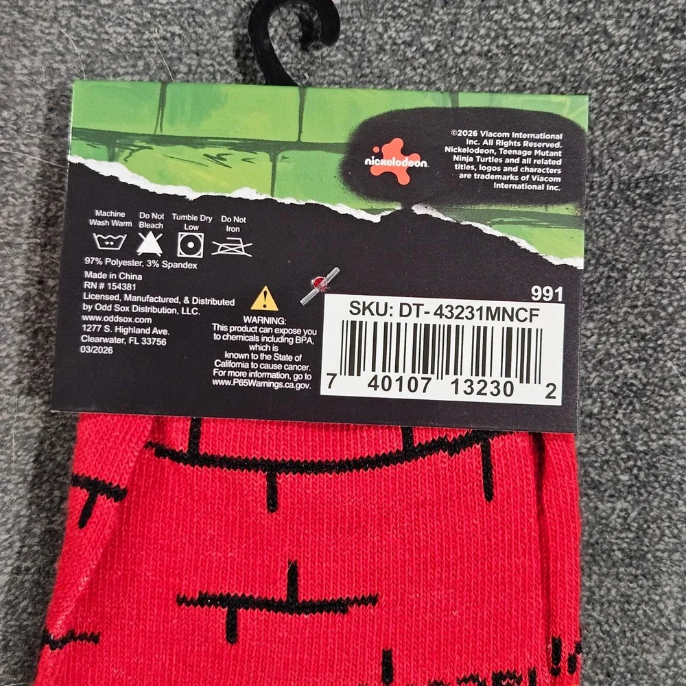 TMNT Mutant Mayhem Raphael Mens Crew Socks Red Size 6-12 New‎ Nickelodeon